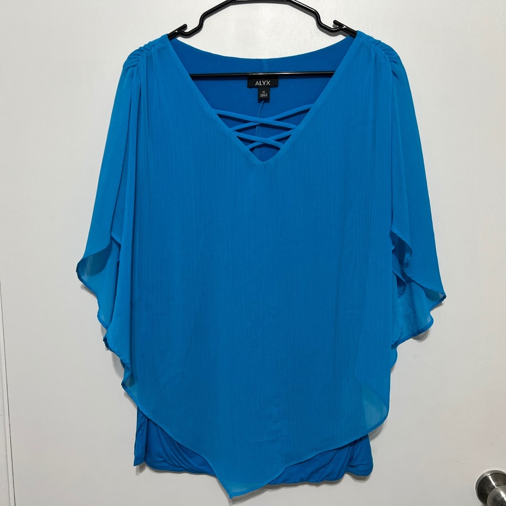 Alyx‎ Womens 1X Blue Lattice V-Neck Poncho Overlay Tank Top Blouse Plus Size